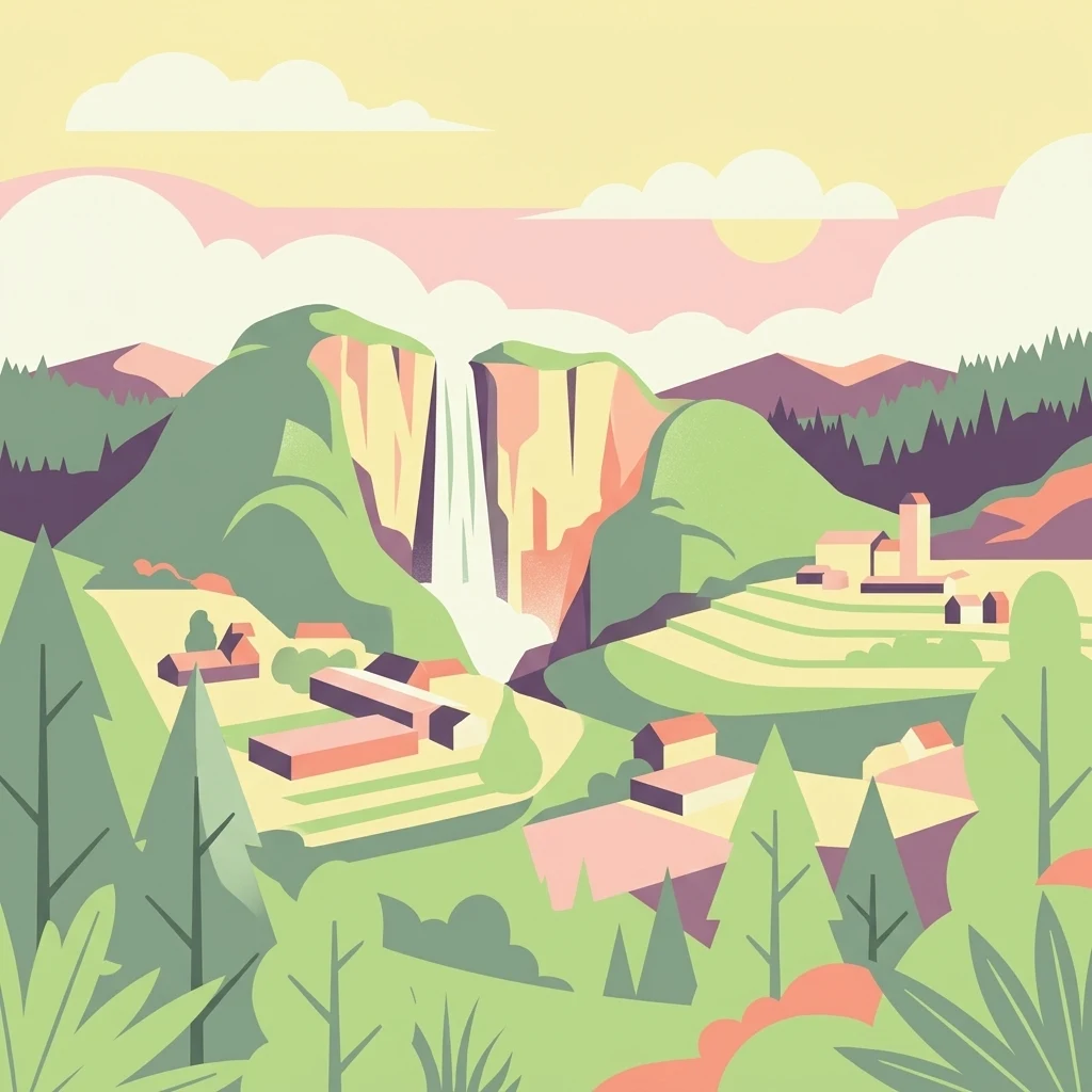 Una ilustración estilizada y colorida que muestra una gran cascada que cae por un acantilado hacia un valle verde con campos en terrazas, pequeños edificios y bosques de pinos bajo un cielo en tonos pastel.
