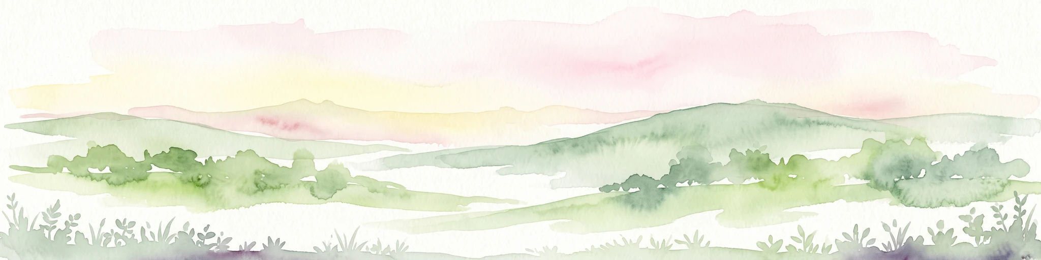A wide watercolor illustration showing a landscape of rolling green hills and trees under a pastel pink and yellow sky.