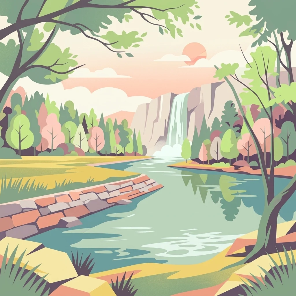 A flat vector style illustration showing a calm river flowing past a stone embankment toward a distant waterfall framed by trees.