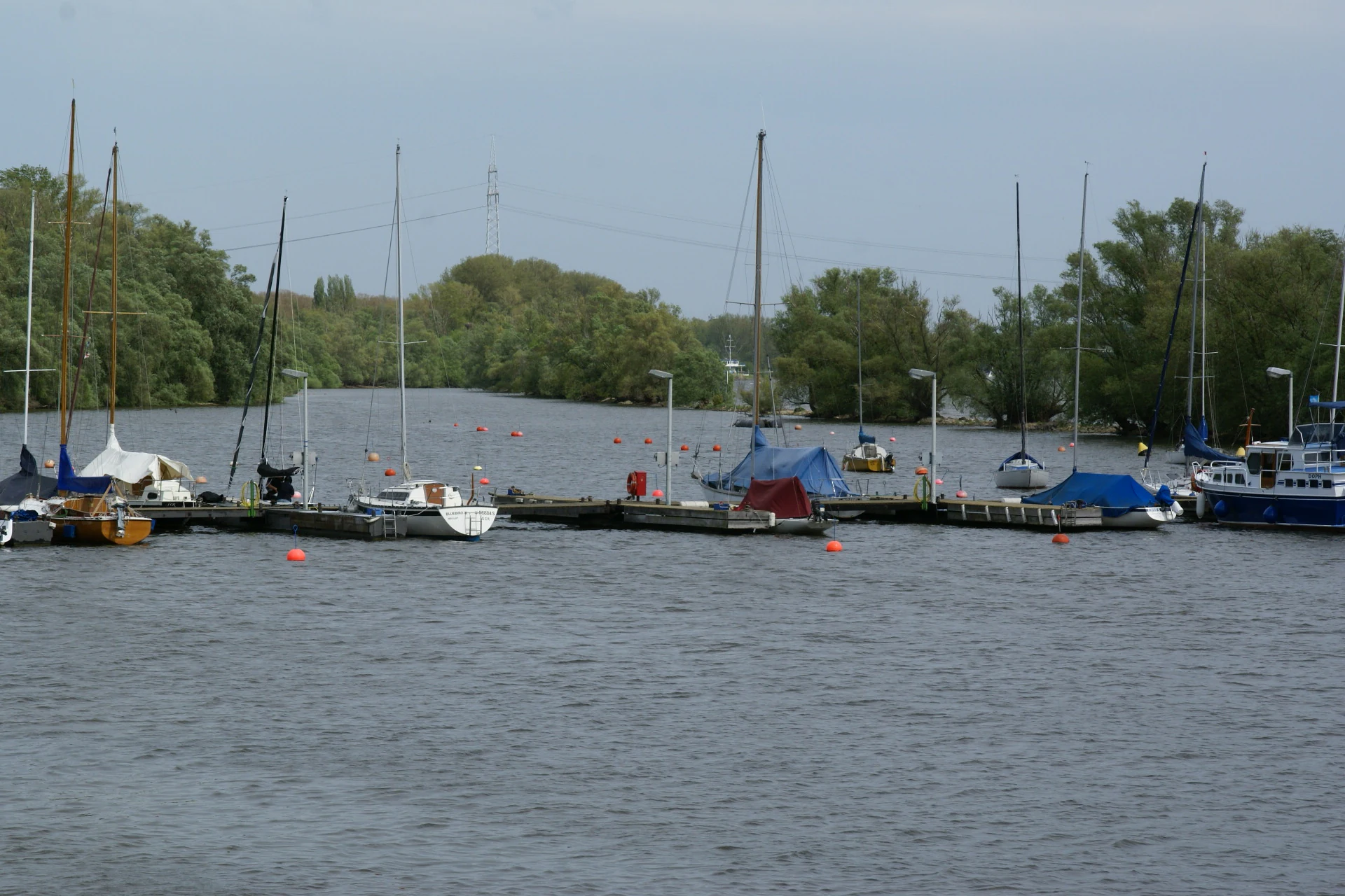 Several sailboats and small motorboats are docked at a wooden pier on a river, with green trees along the shoreline in the background.