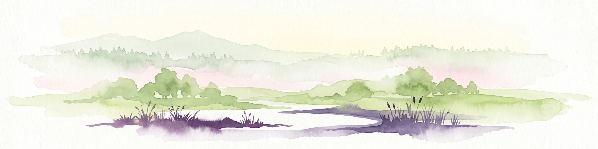 Watercolor painting of a misty river landscape with green trees, reeds, and soft hills in the background.