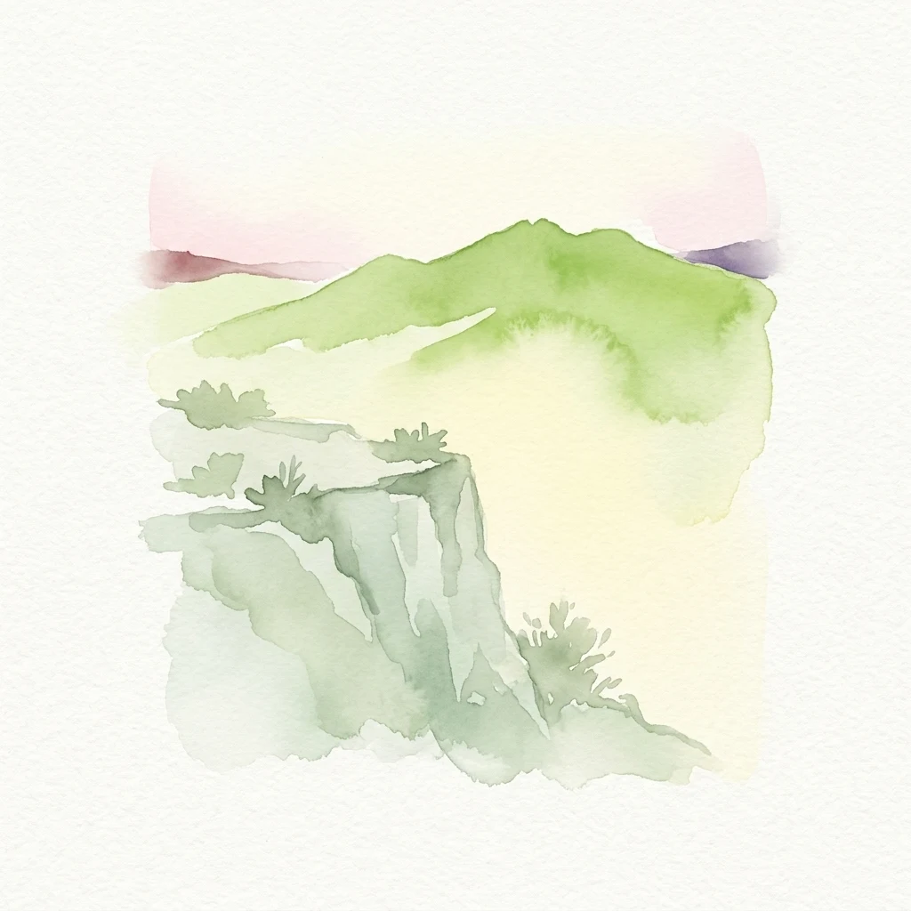 Watercolor illustration of green mountains, cliffs, and sparse vegetation