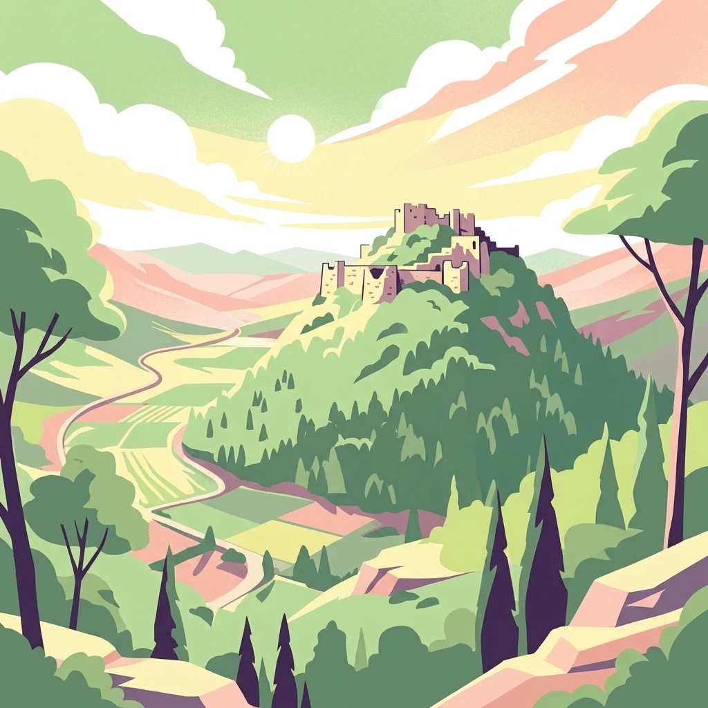 Illustration of a fortress on a hill with green fields and trees under a colorful sky