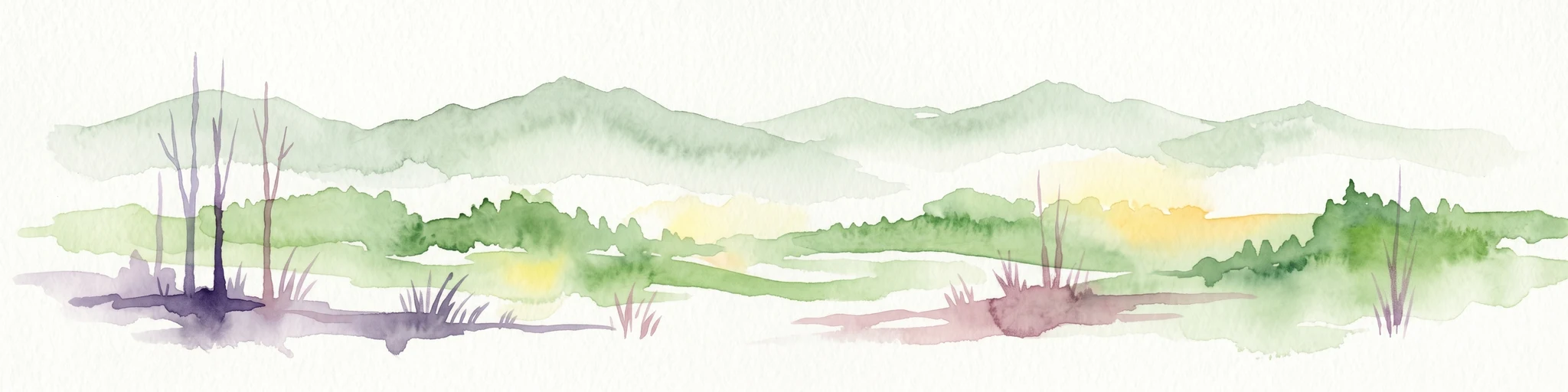 Watercolor illustration of green mountains, a river, and trees with distant hills under a yellow sky
