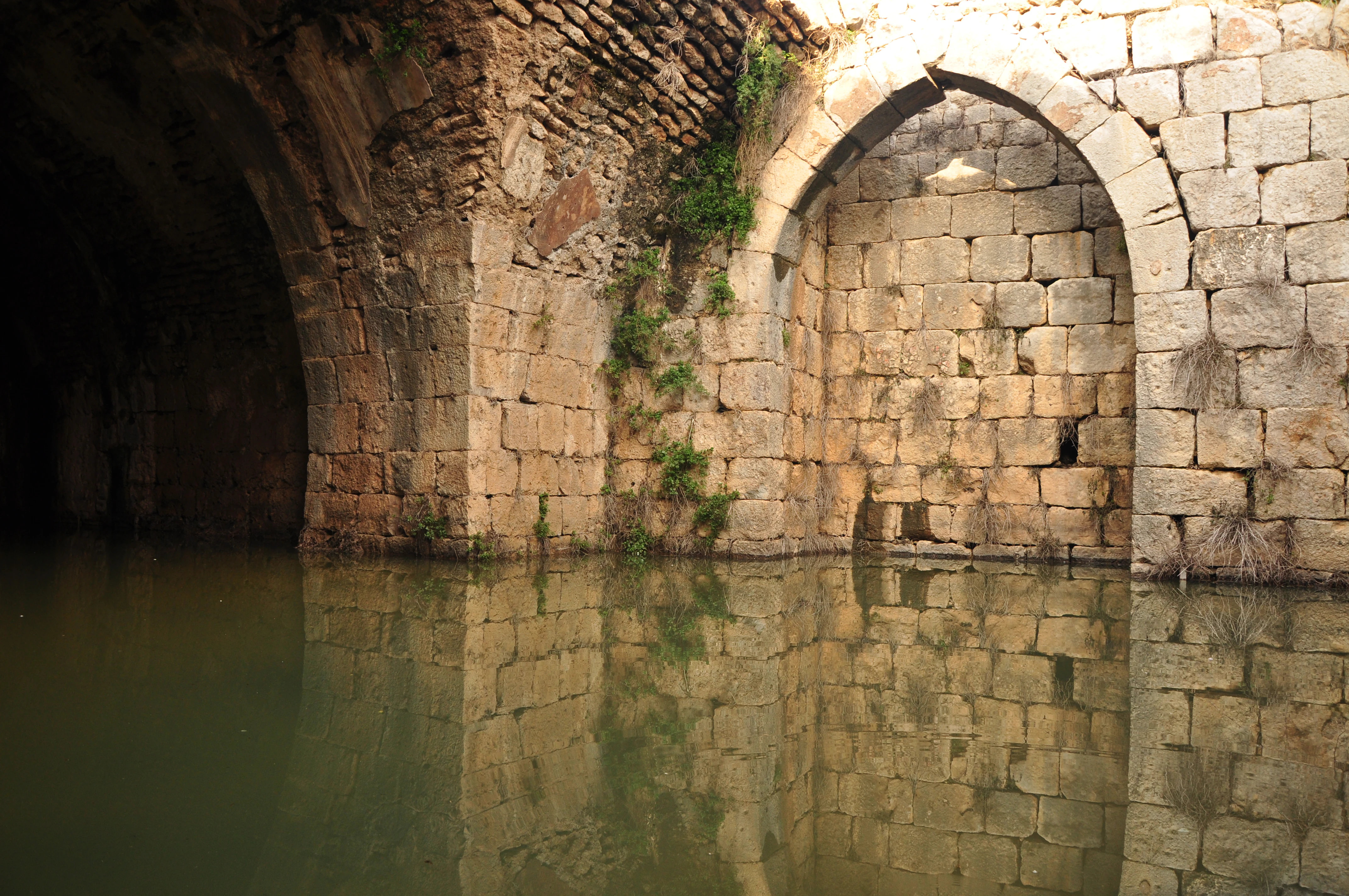 Stone arches and walls of a cistern filled with water, part of Nimrod Fortress