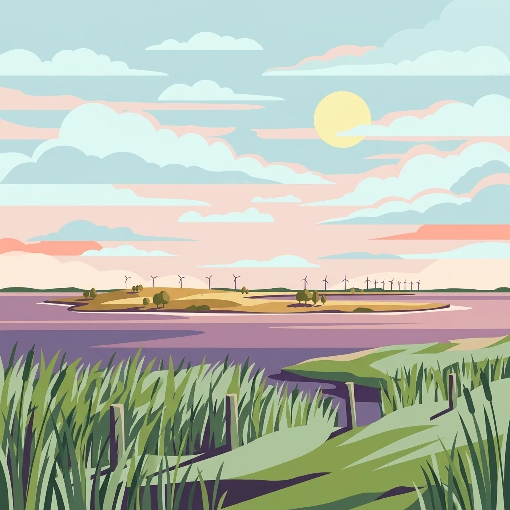 Una ilustración digital de estilo plano de una laguna tranquila de tonos púrpura con orillas cubiertas de hierba en primer plano y una isla lejana con turbinas eólicas bajo un cielo suave de amanecer o atardecer.