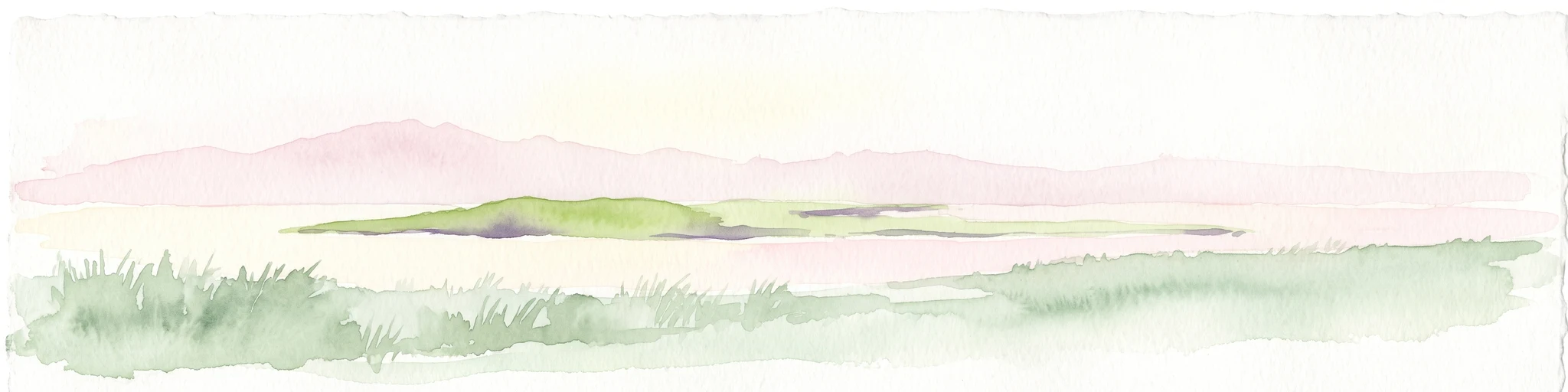A pale, minimalist watercolor painting showing a green grassy island in the middle of a calm, reflective lagoon under a soft pink and white sky.