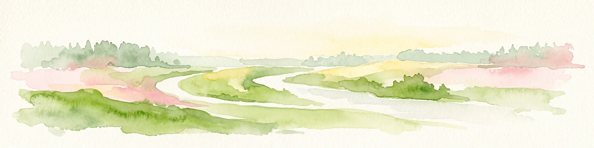Watercolor painting of a winding river flowing through a lush, green valley with forested hills in the distance.