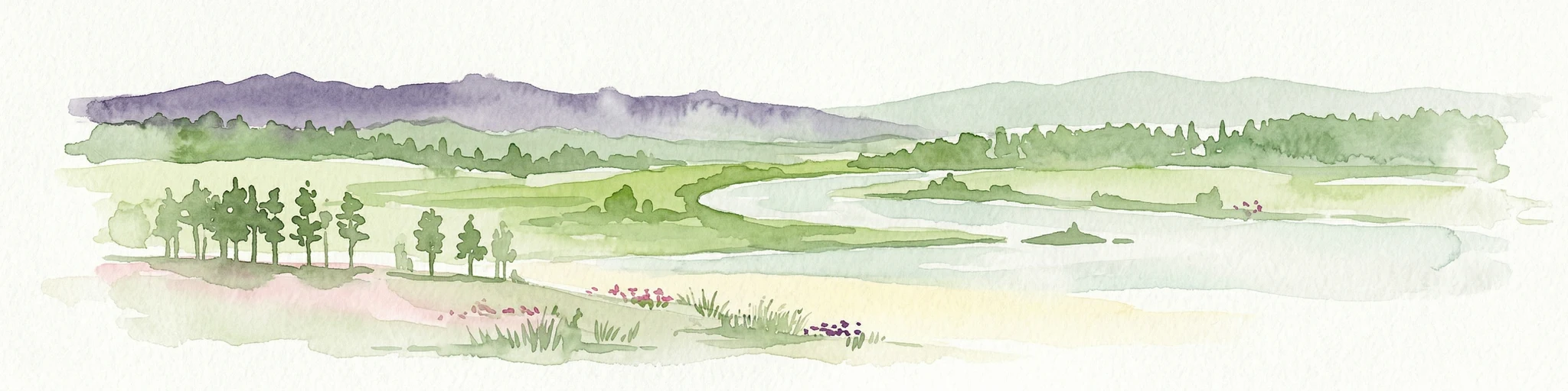 Ilustración en acuarela que muestra un río fluyendo a través de un valle con árboles y montañas a lo lejos