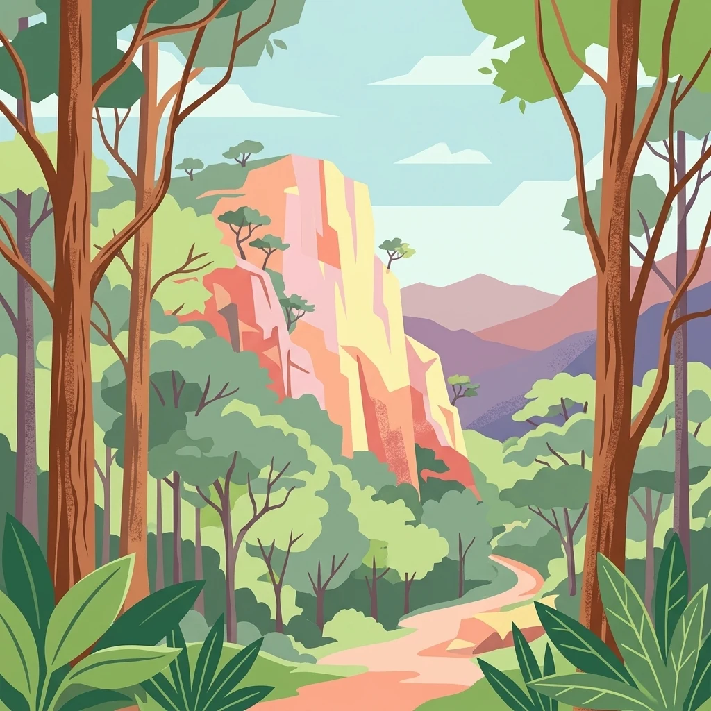Una ilustración digital estilizada de un sendero boscoso que serpentea hacia un prominente acantilado rocoso en un paisaje montañoso.