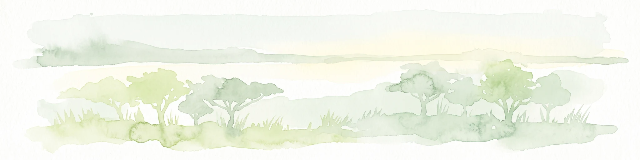 Watercolor illustration showing a soft-focus landscape with scattered trees, low scrub, and distant rolling hills in pale green and yellow tones.