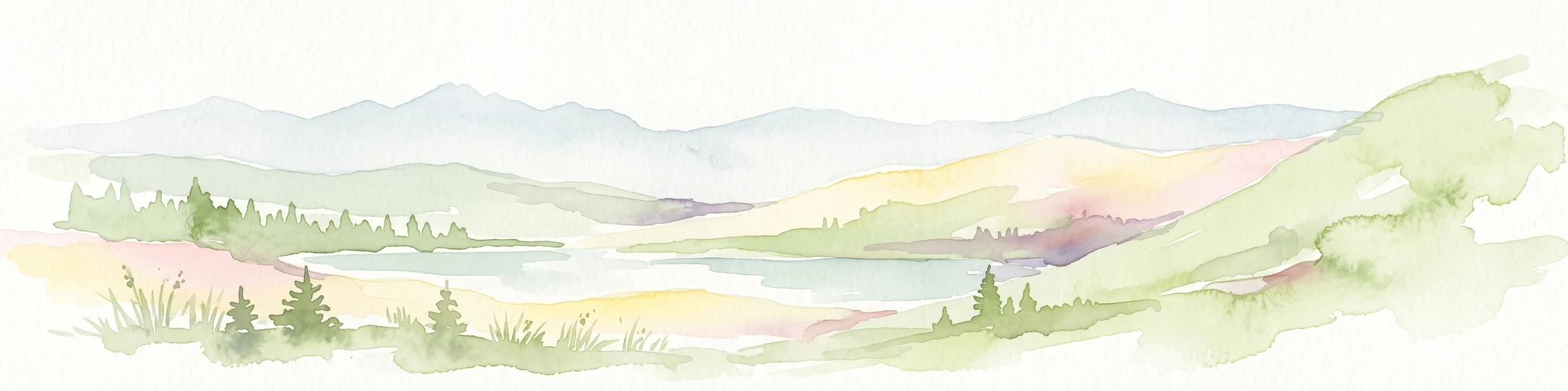 A watercolor painting showing a wide, panoramic view of rolling, grassy mountain slopes with soft pastel colors and small evergreen trees.