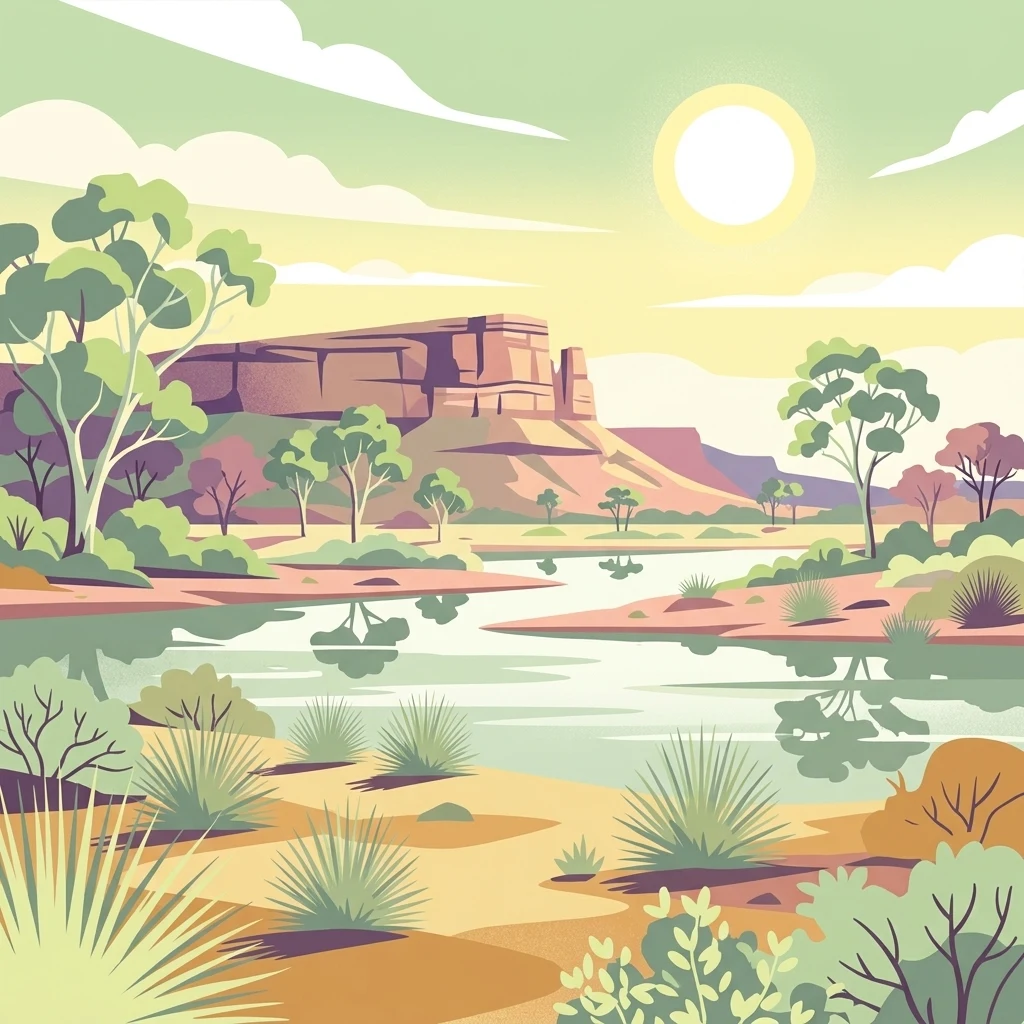 Stylized digital illustration of a desert wetland landscape featuring a calm river in the foreground, sparse vegetation including shrubs and gum trees, and a flat-topped mesa under a bright sun.