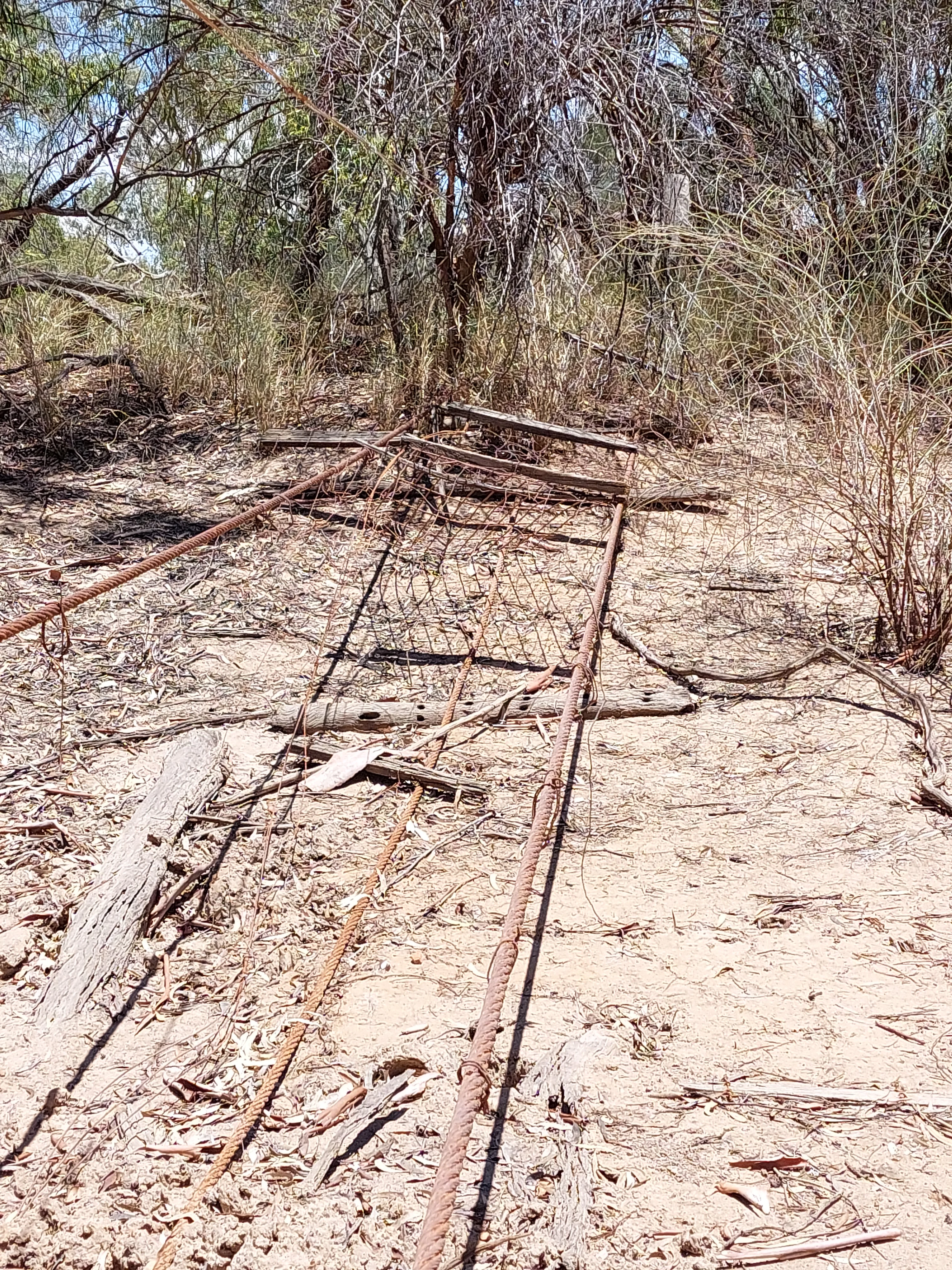 A rusted, dilapidated metal bridge structure lying on the dry, sandy ground of Nocoleche Nature Reserve, surrounded by sparse vegetation and thin trees.