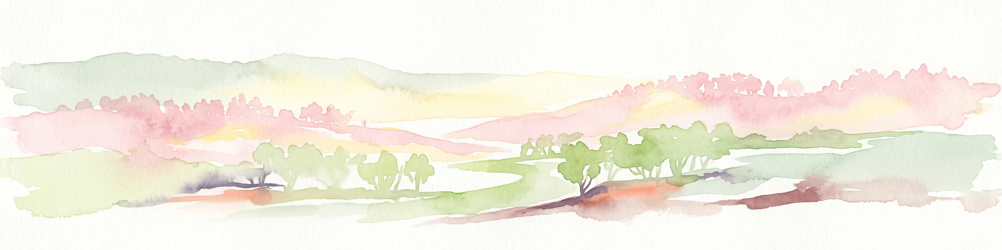 Una pintura horizontal en acuarela que muestra colinas onduladas abstractas y de bordes suaves en tonos rosa, verde pálido y amarillo, con grupos de verde claro que representan árboles o arbustos en primer plano.