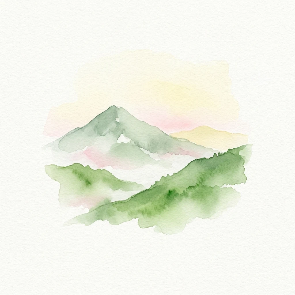 Ilustración en acuarela de montañas verdes con niebla y cielo pastel
