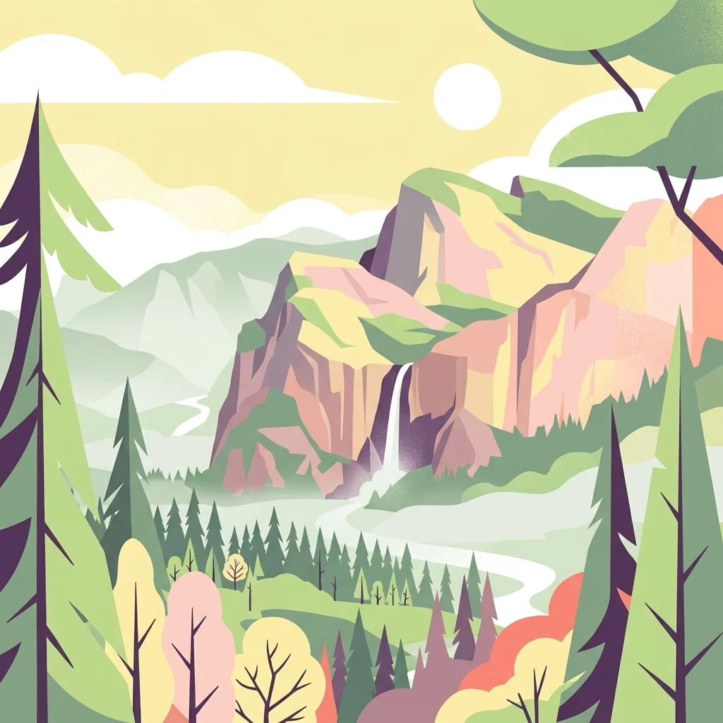 Ilustración estilizada de un paisaje montañoso con cascadas, bosques y un río serpenteante bajo un cielo iluminado por el sol