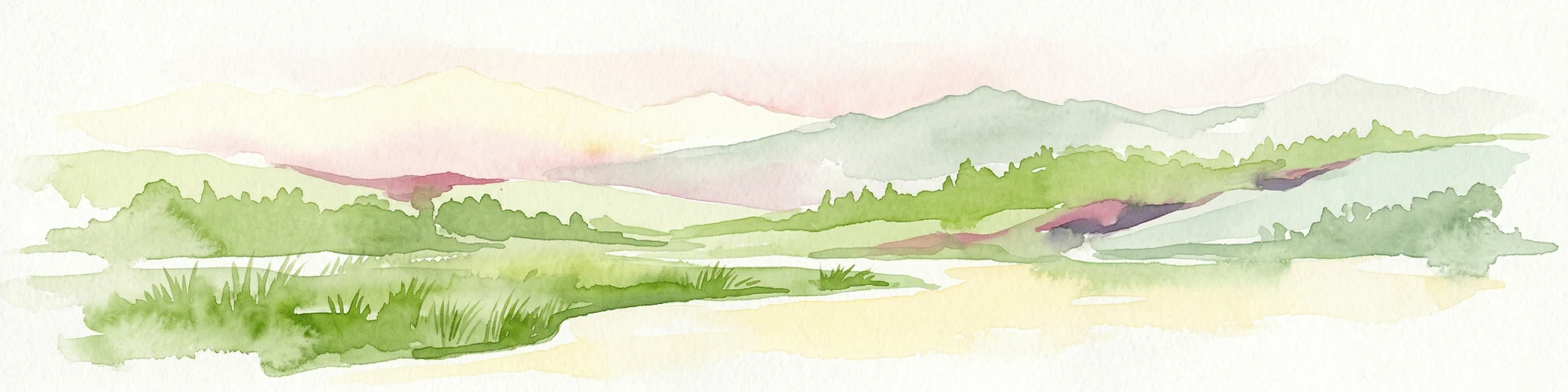 Watercolor painting of rolling green hills, a meandering stream, and a soft pastel sky