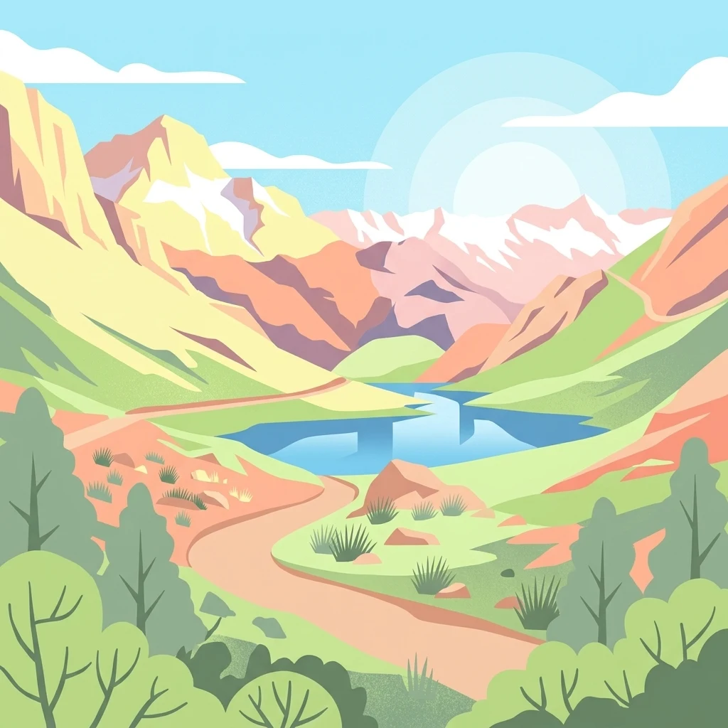 Una ilustración vectorial de estilo plano de un valle de montaña con un lago azul central, picos circundantes y un sendero de tierra serpenteante.