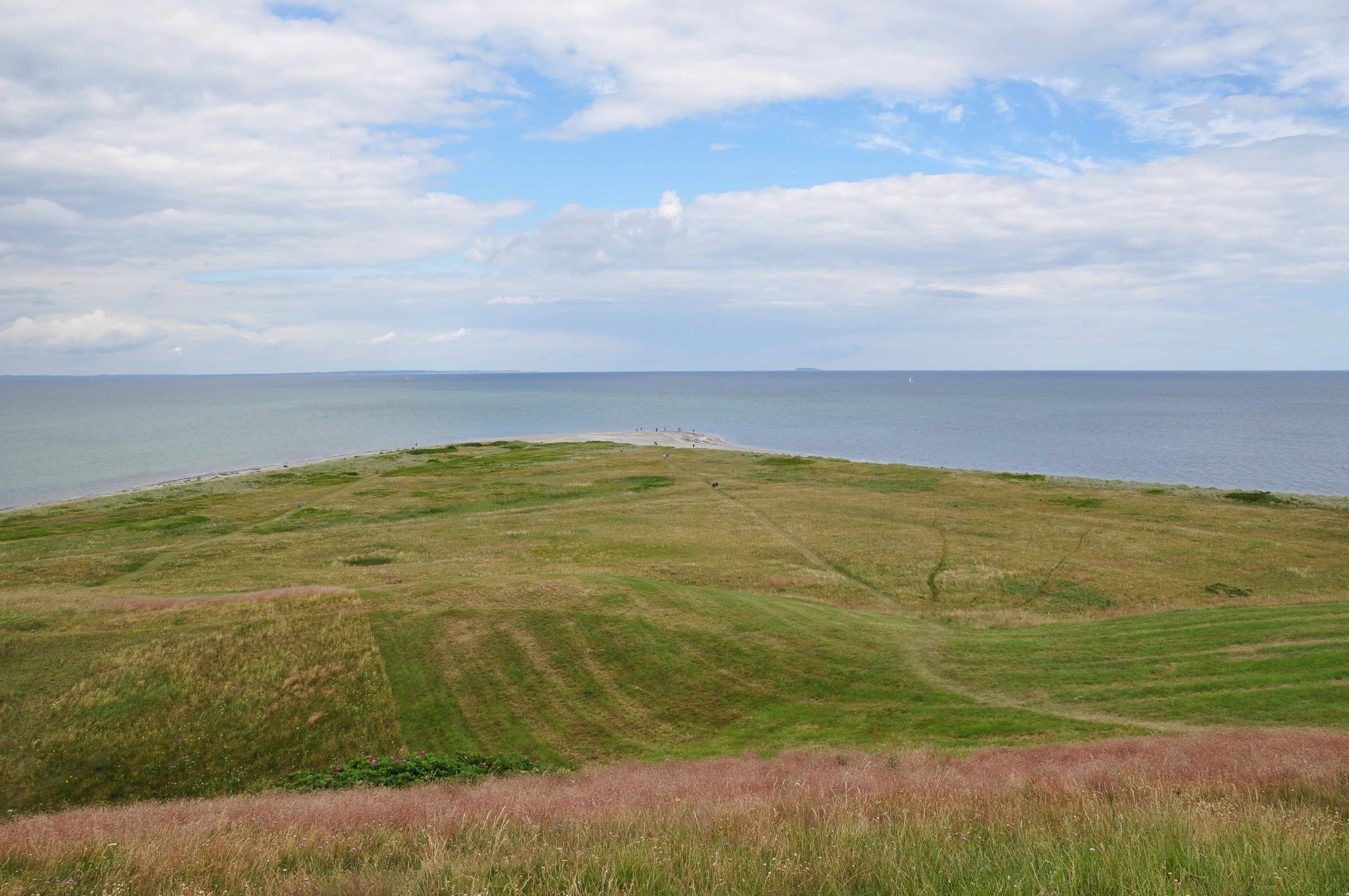 A wide coastal landscape showing a grassy peninsula extending into the sea, viewed from an elevated grassy hill under a partly cloudy sky.