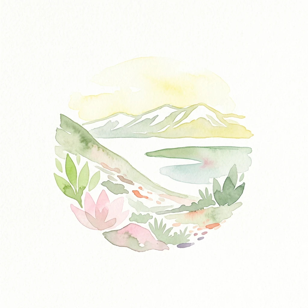 Ilustración en acuarela que muestra un fiordo montañoso con un lago, flores de loto rosas, hojas verdes y rocas