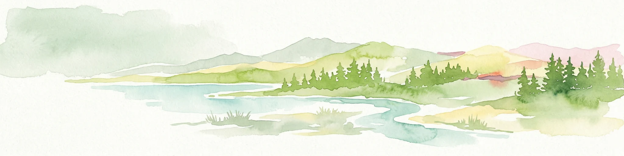 Ilustración en acuarela de un fiordo con montañas, árboles y cuerpos de agua