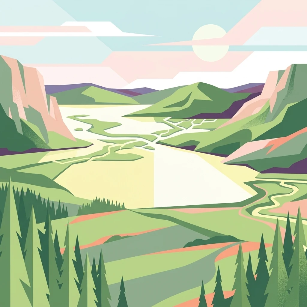 A stylized flat vector illustration of an inland river delta flowing through green hills and coniferous forests under a pale sun.