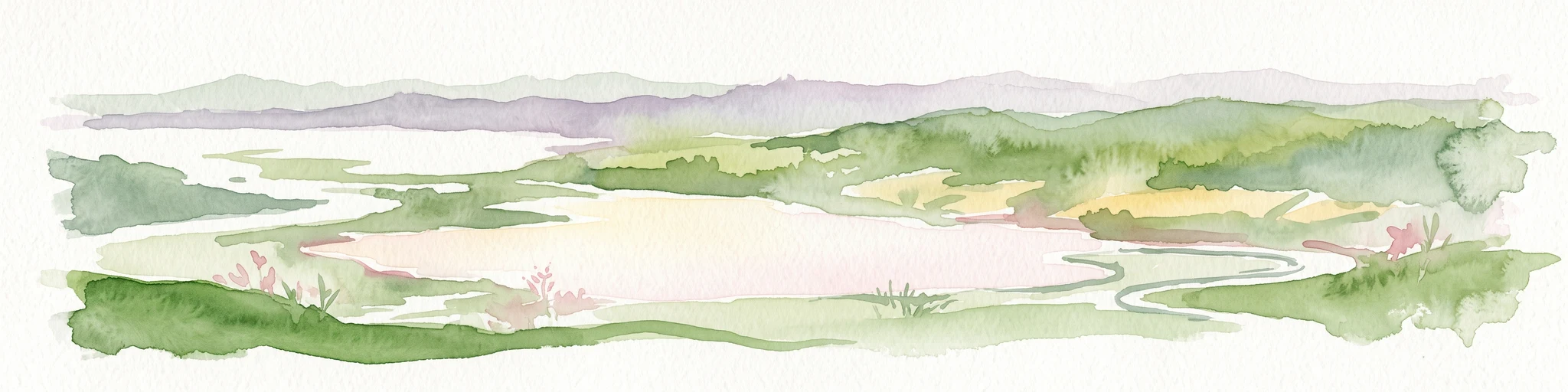 A watercolor landscape illustration showing a broad river delta with winding waterways, marshy banks, and distant hills.