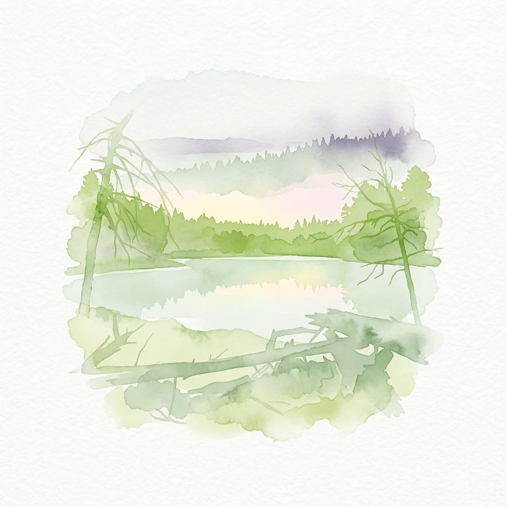 Watercolor illustration depicting a forested lake with trees and their reflections in the water