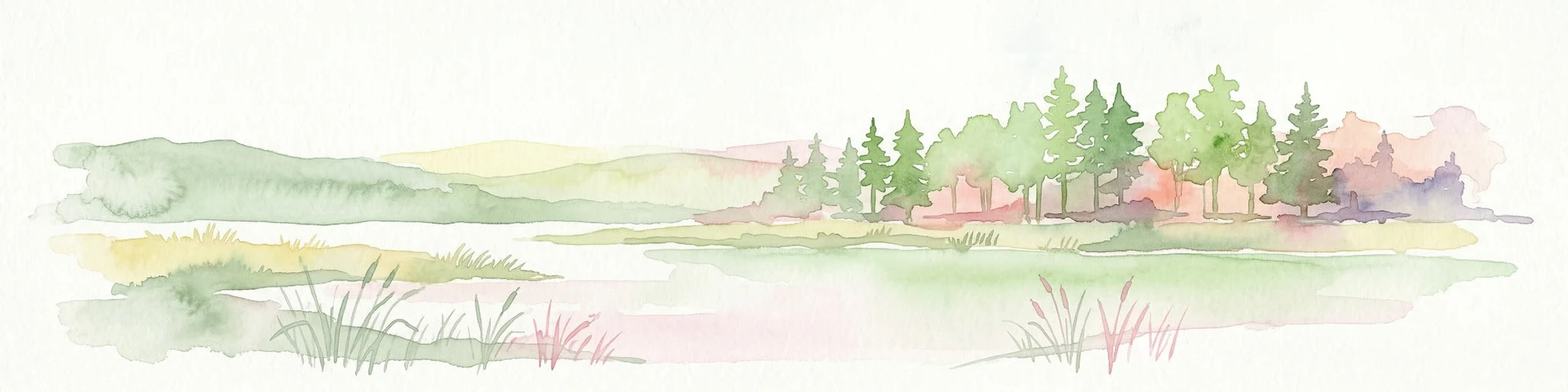 Ilustración en acuarela de un lago rodeado de árboles y colinas