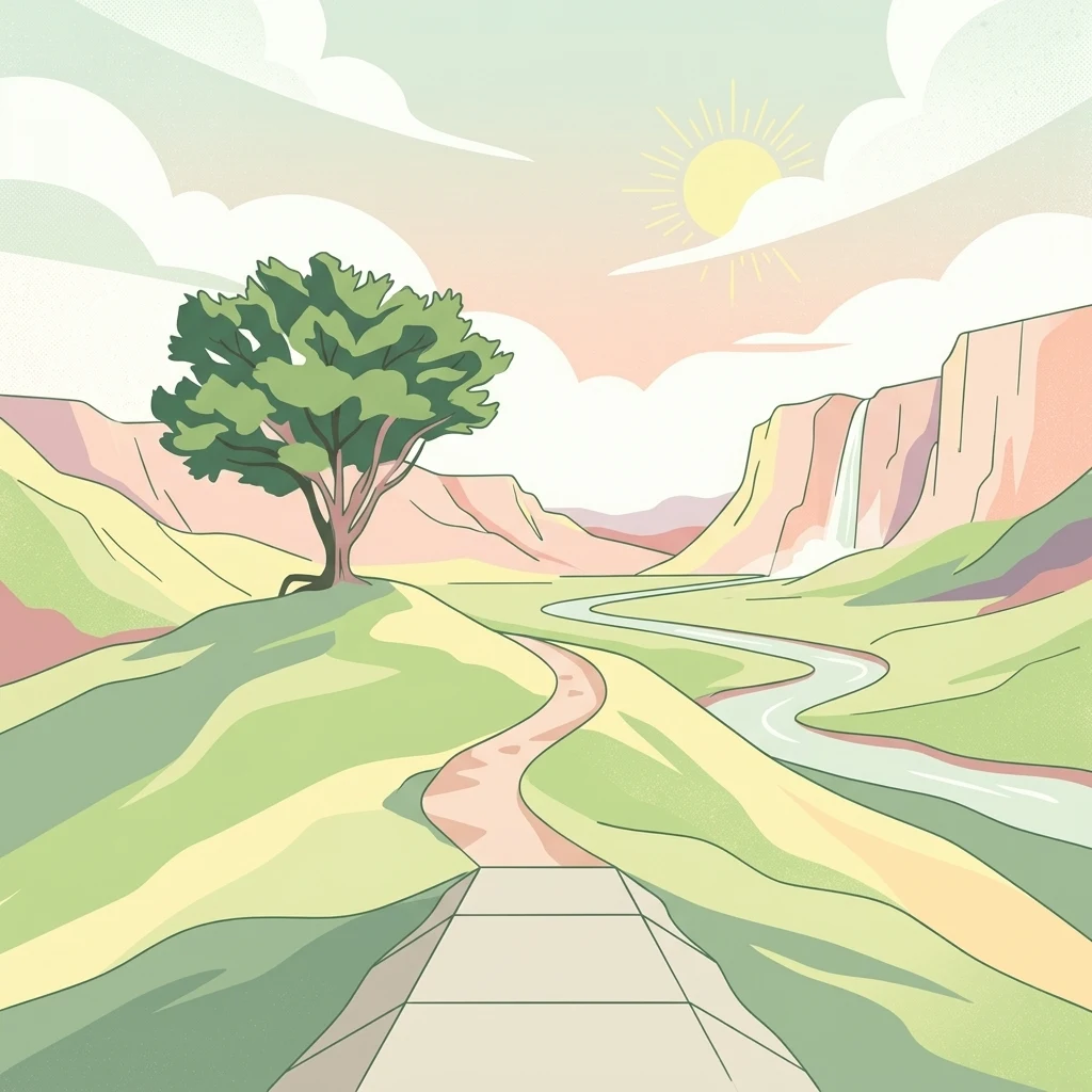 A digital illustration of a scenic valley featuring a paved path in the foreground, a prominent tree on a grassy hill, a winding river, distant cliffs with a small waterfall, and a sunny sky with clouds.