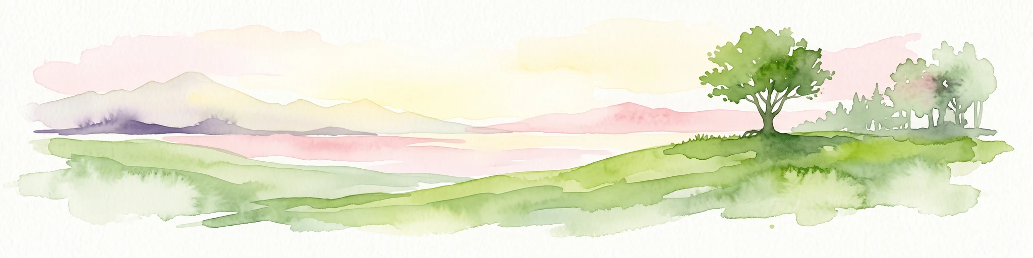 A horizontal watercolor illustration depicting a grassy shoreline with a single tree and distant rolling hills against a soft pale sky.