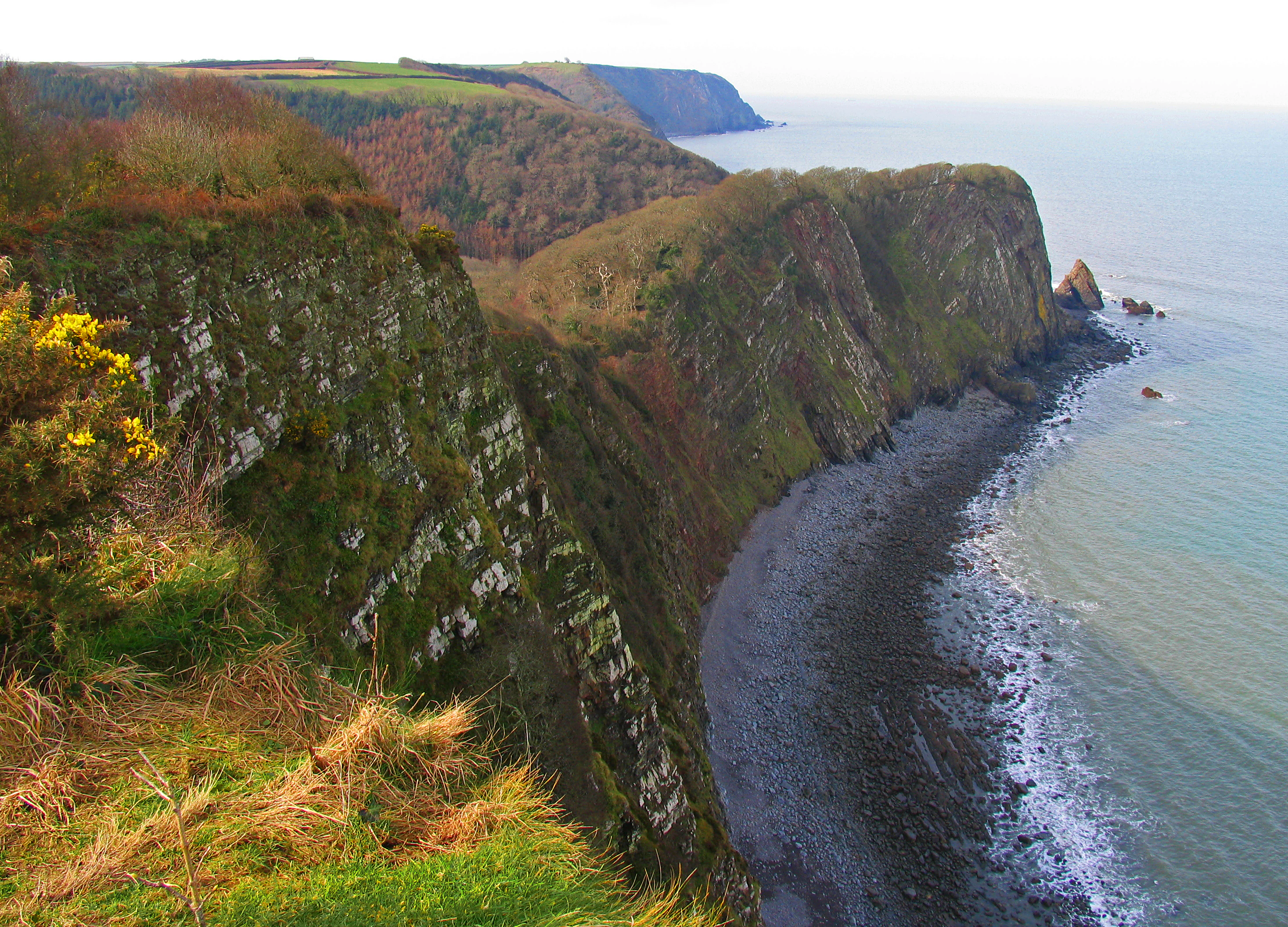 A high-angle view looking down at a rugged, steep coastline with vegetated cliffs meeting a stony beach and the ocean below.