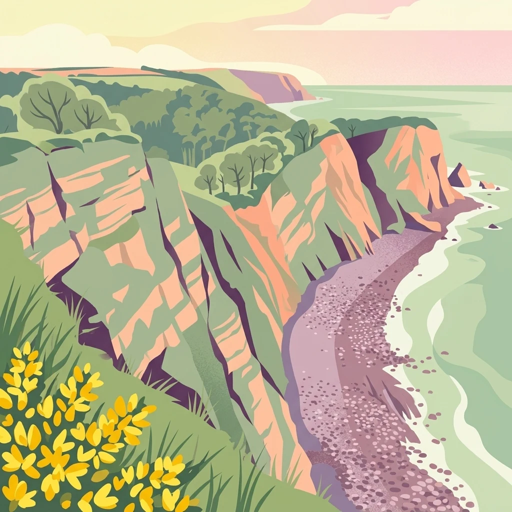 A stylized graphic illustration of a coastal cliffside scene with layered orange cliffs; green clifftop vegetation with bright yellow flowers in the foreground; and a pebble beach meeting the sea below.