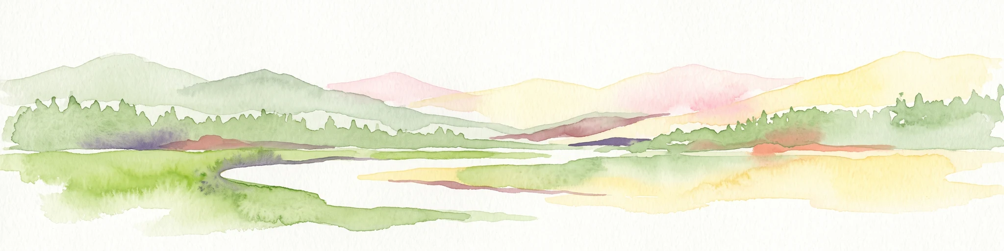 A soft watercolor illustration featuring rolling hills in the background, a tree line in the midground, and a winding waterway in the foreground.
