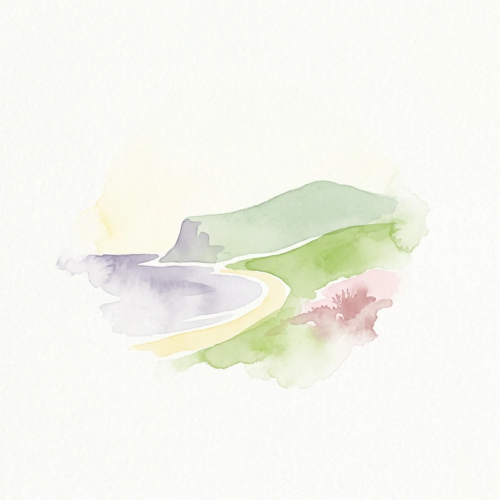 Watercolor illustration of a coastal scene with a sandy beach, rocky cliffs, and green hills under a bright sky