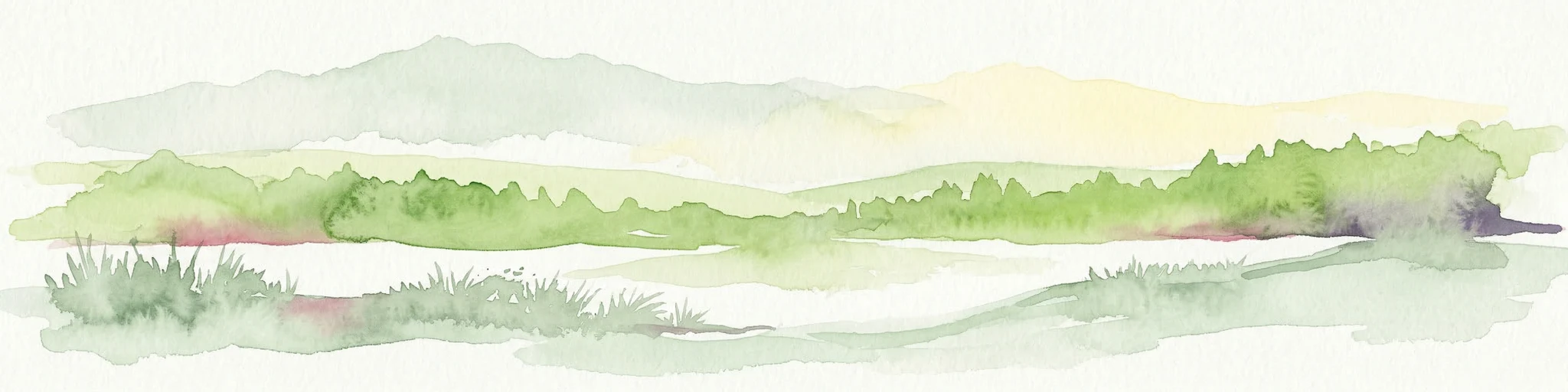 Ilustración de acuarela que muestra colinas onduladas, vegetación verde y un cielo pálido