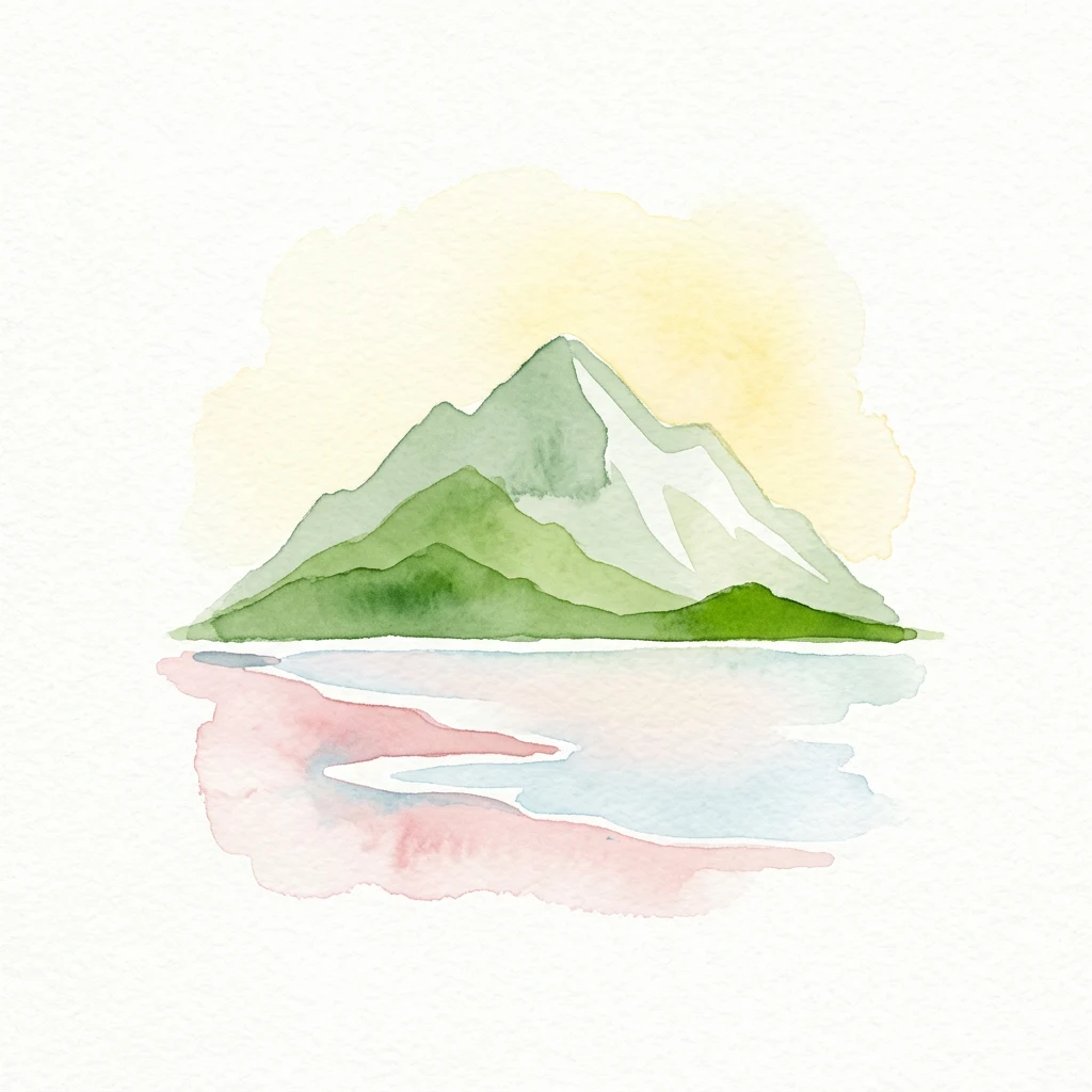 Watercolor illustration of a mountain with reflection in water