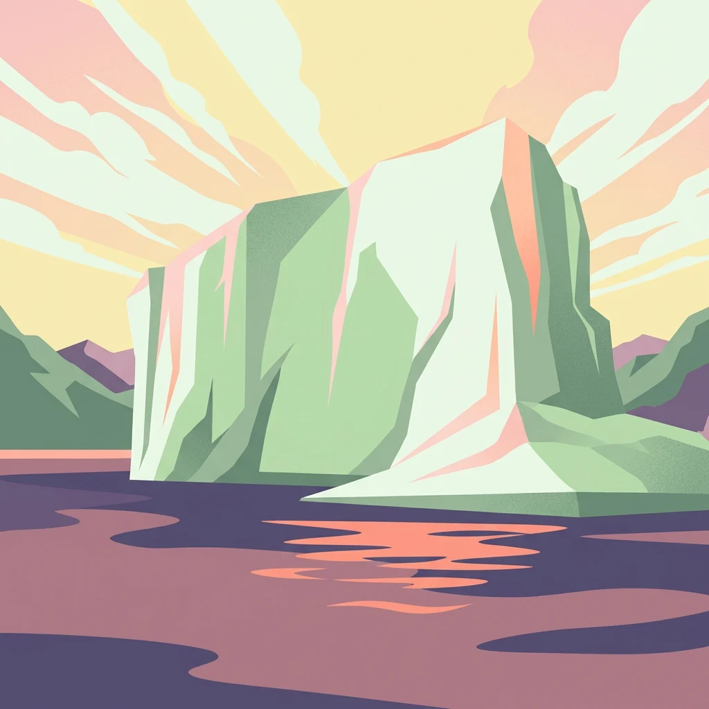 Iceberg ilustrado en tonos verdes y blancos flotando en el agua, con montañas y un cielo pastel al fondo.