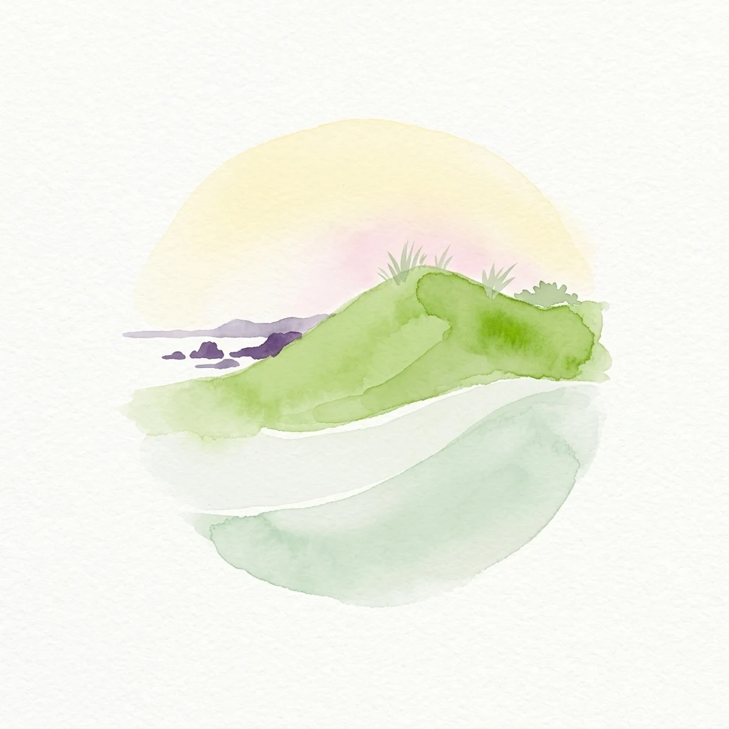 Watercolor painting of a green hill by the water under a yellow and pink sky with distant rocks