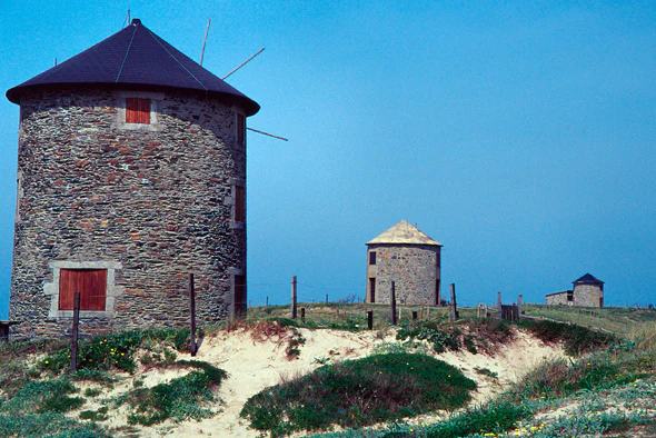 Three stone windmills on sandy dunes with green vegetation under clear blue sky