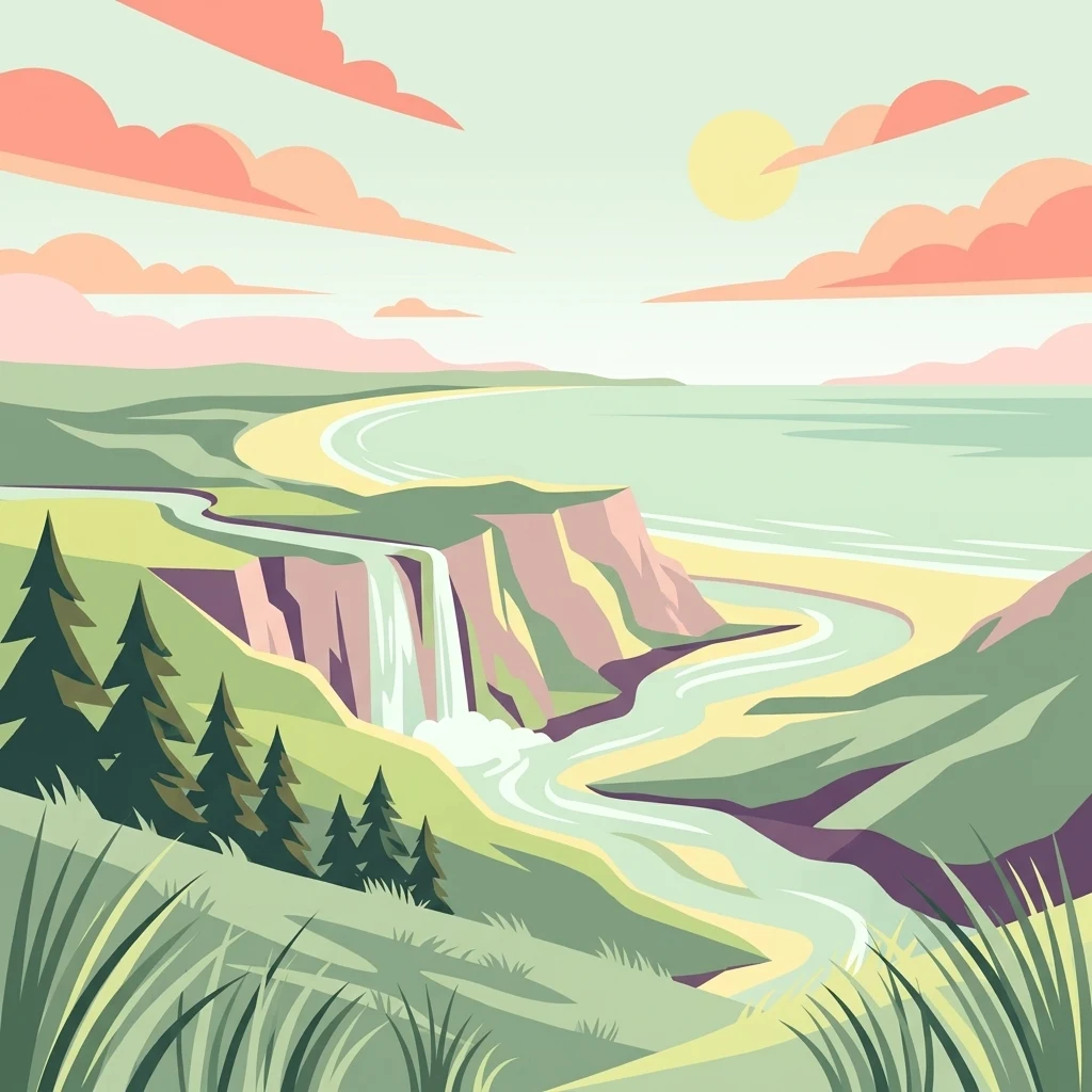 A stylized flat illustration of a coastal park with a waterfall cascading from grassy cliffs onto a beach where a river meets the sea, under a soft sunrise or sunset sky.