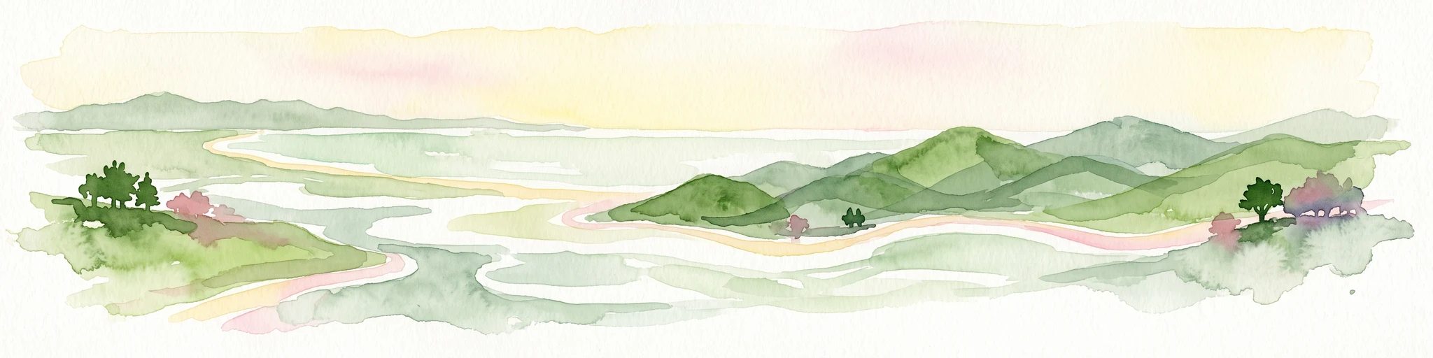 A horizontal watercolor illustration depicting a coastal landscape with winding light-colored sandbars, pale water channels, and soft green rolling hills under a muted pastel sky.