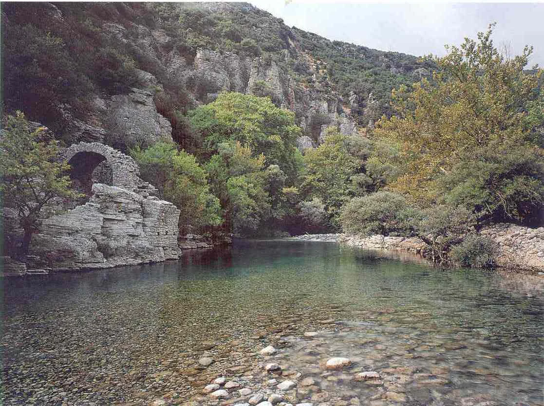 Un río claro y poco profundo fluye sobre un lecho de guijarros, flanqueado por frondosos árboles verdes y una formación rocosa con un pequeño arco de piedra.