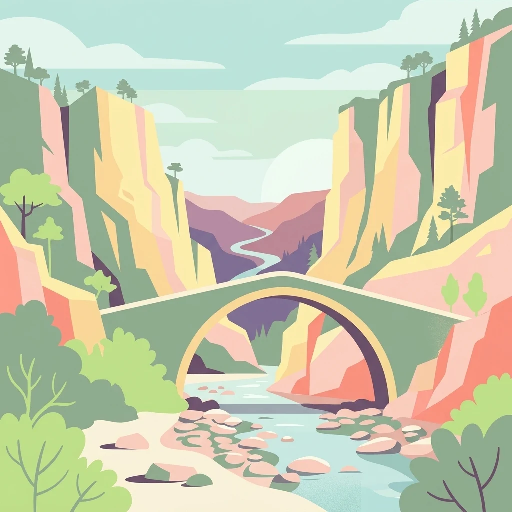 Una ilustración digital de estilo plano que muestra un puente clásico de arco de piedra que cruza un río entre acantilados rocosos escarpados y en capas, y laderas boscosas.