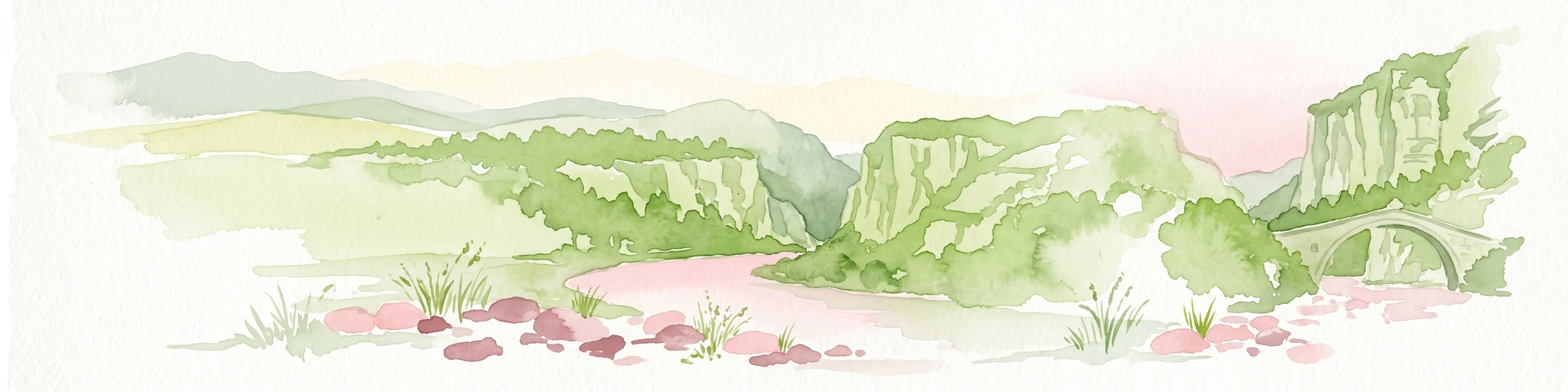 A watercolor painting showing a river winding through a mountainous gorge with a stone arch bridge on the right bank.