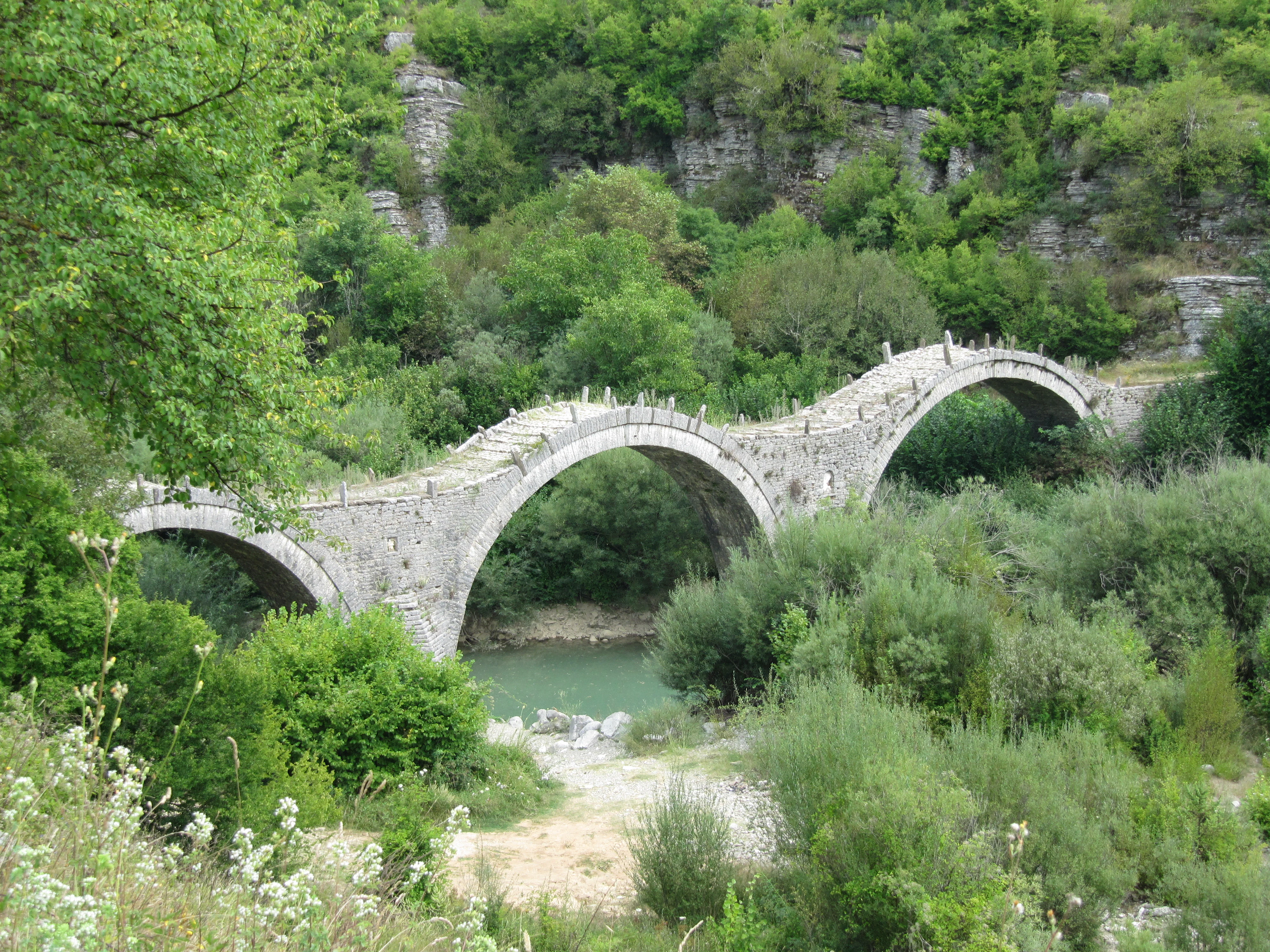 Un puente de piedra de múltiples arcos que cruza un río, rodeado de un denso bosque verde y terreno rocoso.