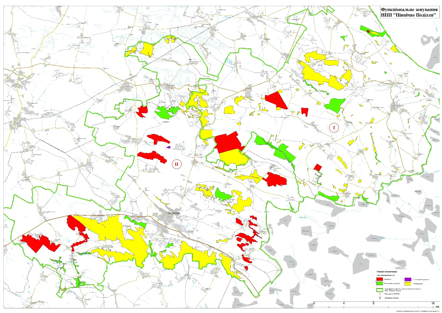 Color-coded map of Northern Podillia National Nature Park with green, yellow, and red zones indicating different protected areas, surrounded by road networks and labeled with a legend