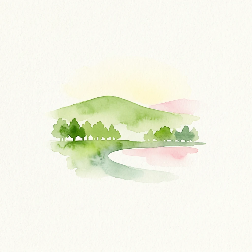 Ilustración acuarela que muestra colinas verdes, árboles y un río sinuoso con reflejos