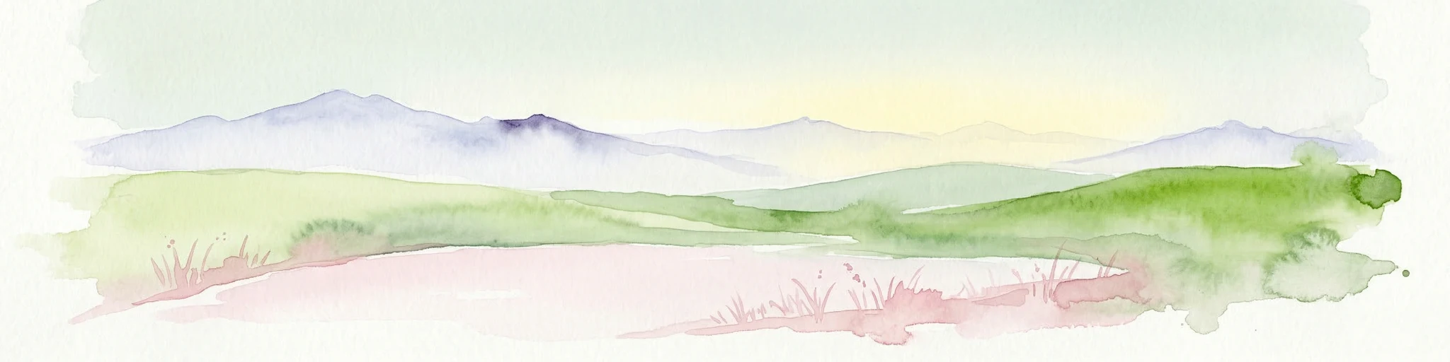 Pintura acuarela que muestra colinas verdes, campos rosados y montañas púrpuras bajo un cielo pálido
